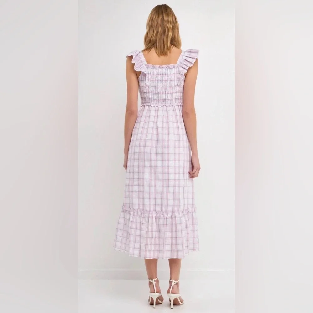 English Factory Plaid Flutter Sleeve Midi Ruffle Dress - Picture 3 of 7